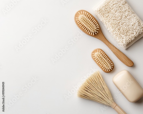 Natural Wooden Grooming Essentials on White Table - Minimalist Hygiene Tools for Serene Beauty Routine
