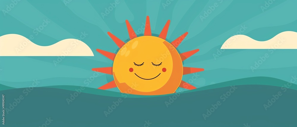 Fototapeta premium Sunny day, with a bright, smiling sun, flat design illustration