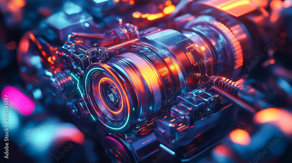 Fototapeta premium 3D illustration, Futuristic engine powertrain in neon glow