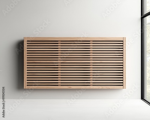 Elegant Wooden Radiator in Modern Minimalist Interior Setting with Nature View