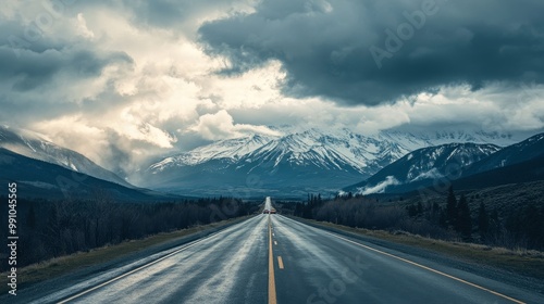 A paved road stretches out before snow-capped mountains and a vast, cloudy sky. A lone car drives along the road, surrounded by a stunning natural landscape.