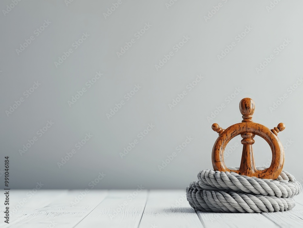 custom made wallpaper toronto digitalSerenity at Sea Closeup of Wooden Ship's Wheel on Textured Rope Against Minimalist Grey Background - Nautical Tranquility and Adventure Concept
