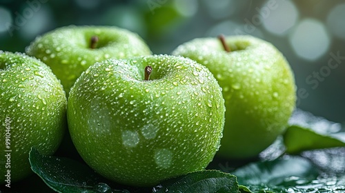 Stack of fresh green apples, presenting a healthy texture background.