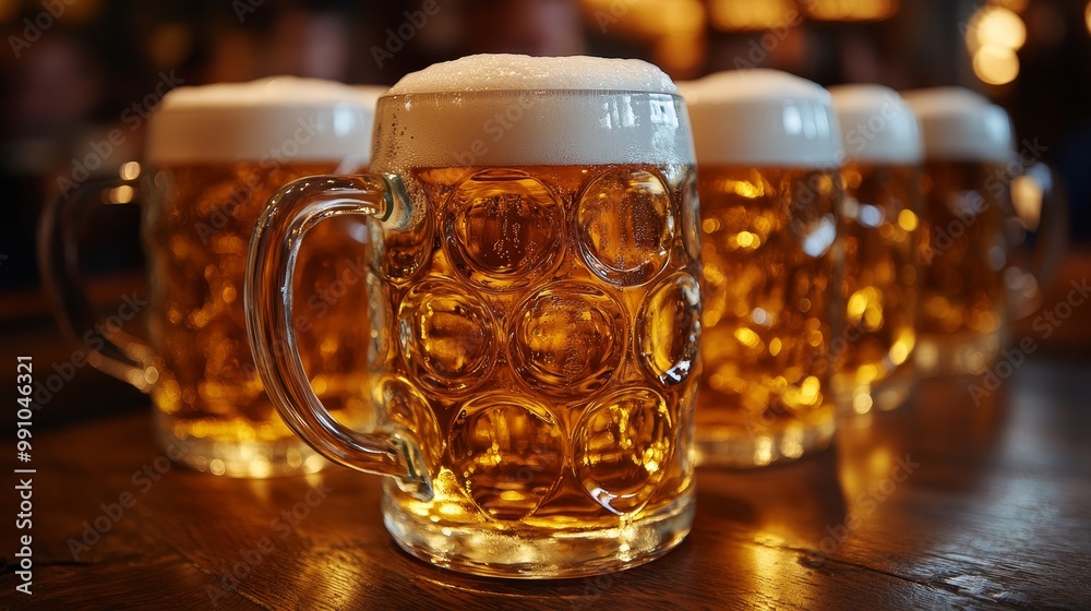 A table at a pub is lined with large mugs of beer. The shallow depth of field creates a sense of focus on the mugs, conveying the idea of beer shared among friends at a German beer festival. A table at a pub is lined with large mugs of beer. The shallow depth of field creates a sense of focus on the mugs, conveying the idea of beer shared among friends at a German beer festival.