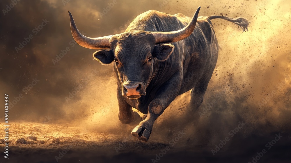Naklejka premium A black bull charges forward kicking up dust in a dramatic, action-packed pose.