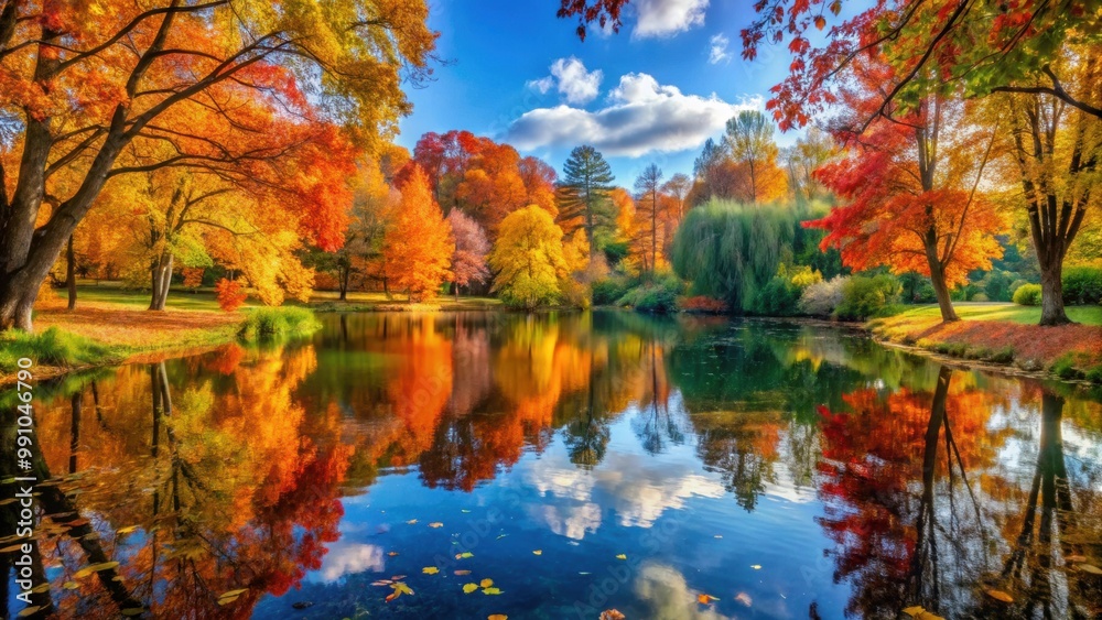 Fototapeta premium Beautiful autumn scenery in park with colorful leaves, calm pond, and reflection of trees , autumn, park, scenery, beautiful