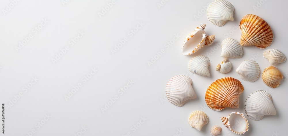 Serene Seashell Still Life Macro View of Delicate Shells on Off-White Background, Coastal Elegance for Summer Decor and Relaxation Serene Seashell Still Life Macro View of Delicate Shells on Off-White Background, Coastal Elegance for Summer Decor and Relaxation