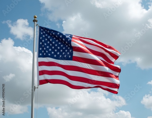 American Flag Waving Against Blue Sky with White Clouds