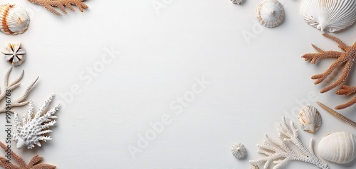 Seaside Serenity Tranquil Seashells and Coral Still Life on White Wood - Minimalist Coastal Decor for Invitations and Web Design