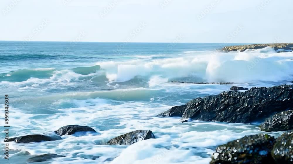 Gentle waves roll in and crash against dark rocks at the shoreline, creating a tranquil atmosphere by the water on a sunny day Gentle waves roll in and crash against dark rocks at the shoreline, creating a tranquil atmosphere by the water on a sunny day