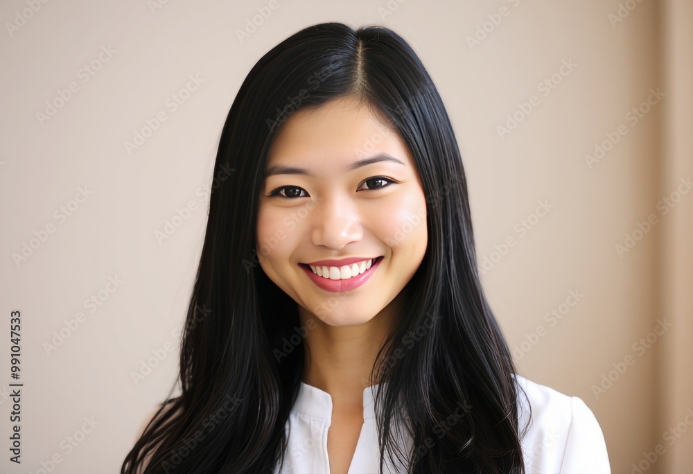 Asian woman with long black hair wearing a white blouse smiling