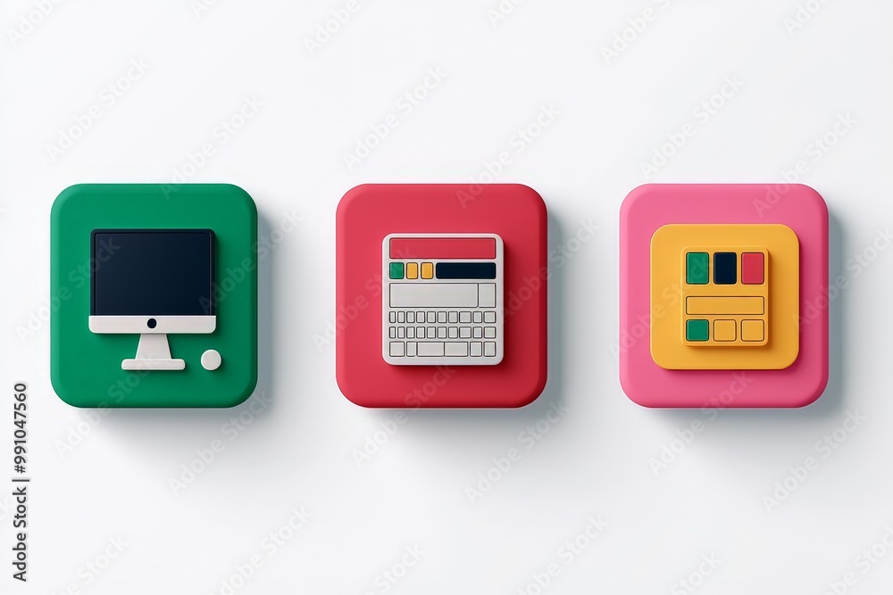 Playful 3D Technology Icons Green Monitor, Red Calculator, Yellow Device on White Background - Modern Digital Concept Playful 3D Technology Icons Green Monitor, Red Calculator, Yellow Device on White Background - Modern Digital Concept