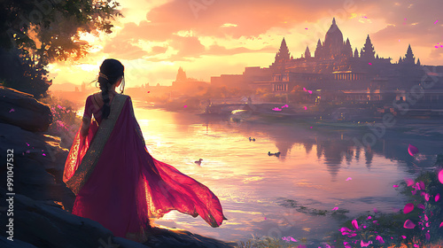 Indian anime girl in a beautiful anarkali dress, admiring the colours of a bustling festival photo