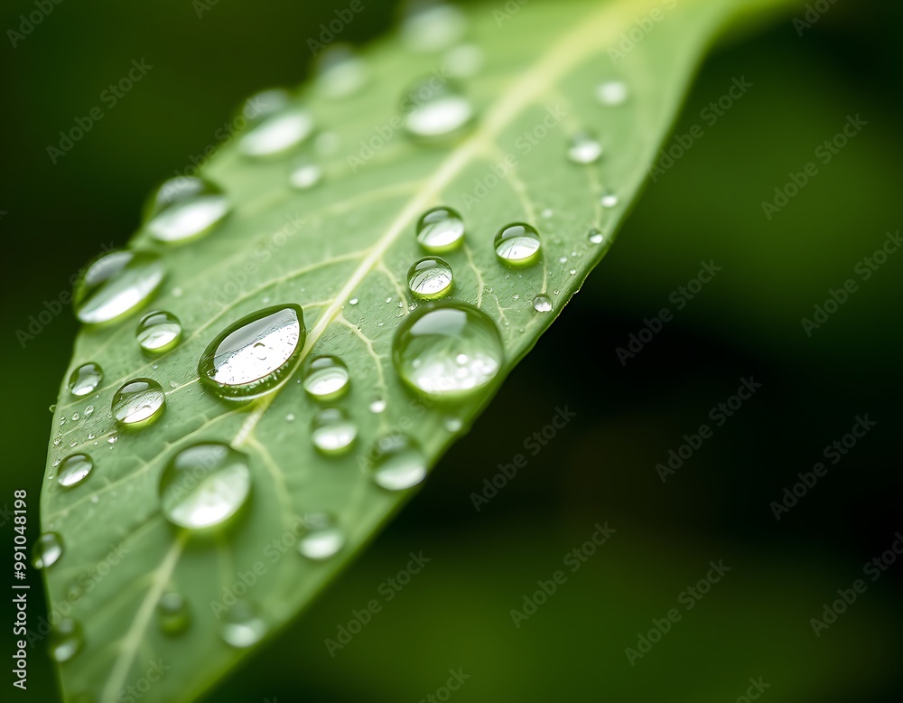 Raindrops rest delicately on the surface of a green leaf, magnifying the leaf's veins and textures. Raindrops rest delicately on the surface of a green leaf, magnifying the leaf's veins and textures.