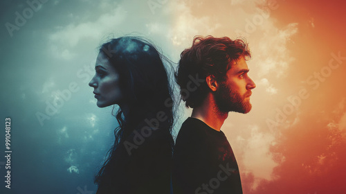 A couple silhouette background looking in different direction , in marriage clash and about to get divorce or to separate