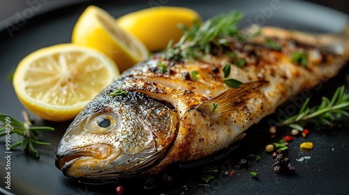 Tasty sea bream plated with lemon and herbs on a black background.