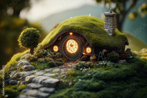 charming isometric diorama of a hobbit house with uplighting and a tilt-shift effect, creating depth and a whimsical atmosphere. Generative AI photo