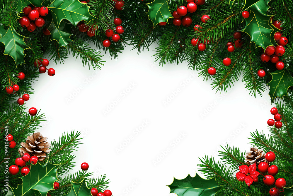 festive fir and holly berry border with pinecones, perfect for holiday designs and seasonal greetings. Generative AI