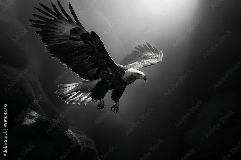 stunning black and white fine art photograph of a golden eagle soaring majestically in flight. Generative AI.