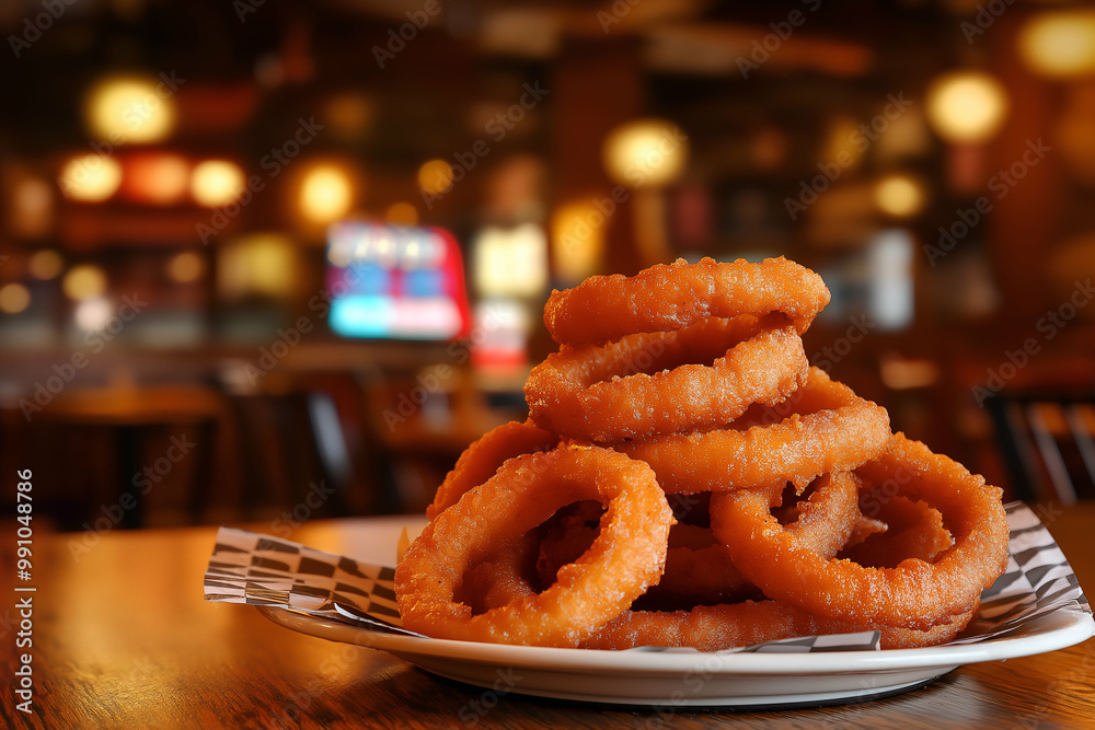 crispy golden onion rings in a cozy rustic diner, evoking nostalgia and indulgence with a warm, welcoming atmosphere. Generative AI.