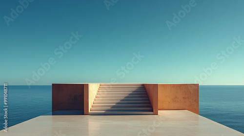 Minimalist architectural stairs leading to an open horizon over the ocean, Generative AI