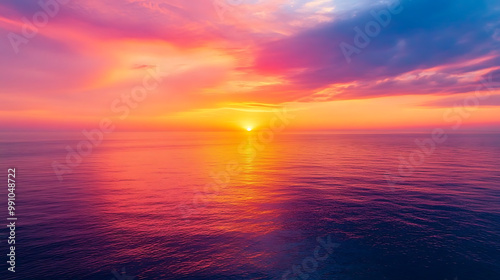 Sunset over the ocean with oranges, pinks, and purples reflecting on the calm water
