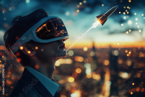 businessman with VR glasses, controls rocket to achieve dreams, business space, corporate universe