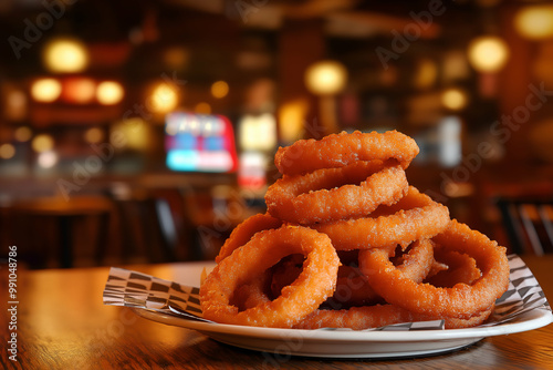 Obraz na płótnie crispy golden onion rings in a cozy rustic diner, evoking nostalgia and indulgence with a warm, welcoming atmosphere. Generative AI. w salonie