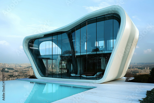 Obraz na płótnie futuristic glass house designed by elite engineers, featuring a luxurious swimming pool in a modern cityscape. Generative AI. w salonie