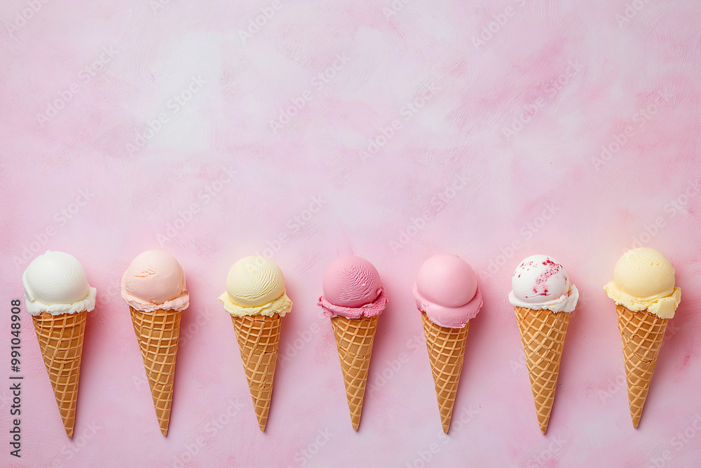 assortment of colorful ice cream cones on a light summer background, Generative AI