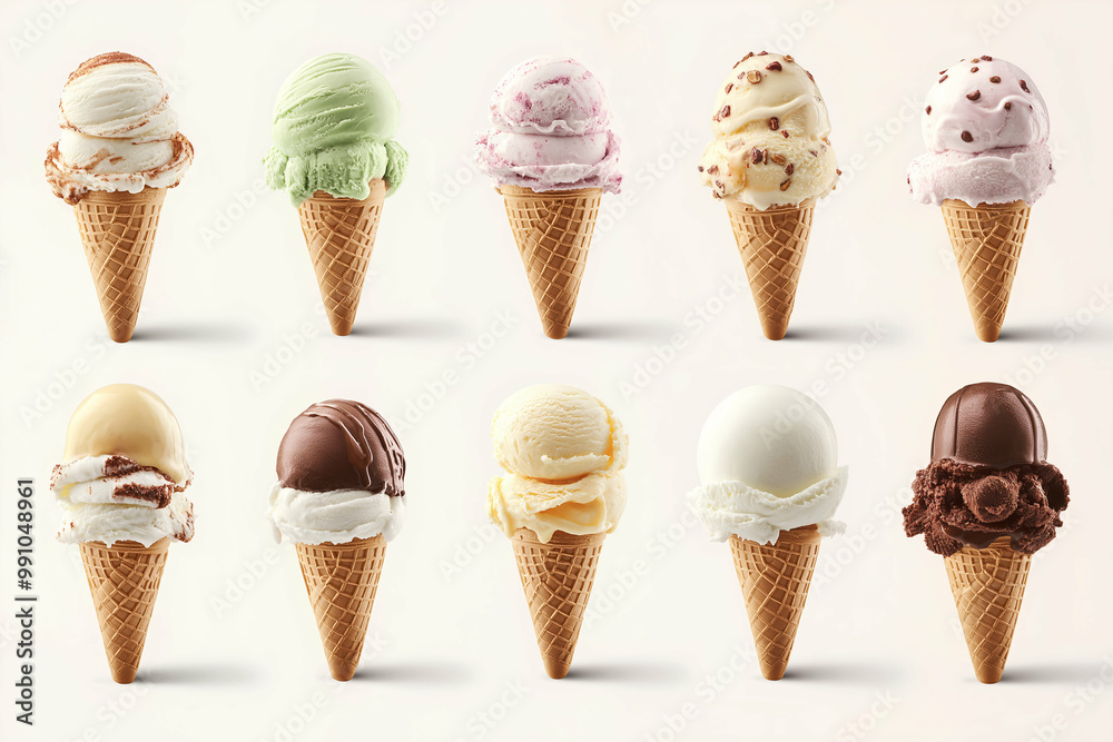 assortment of colorful ice cream cones on a light summer background, Generative AI