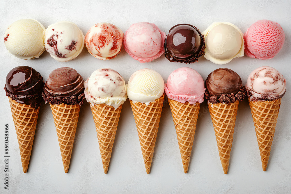 assortment of colorful ice cream cones on a light summer background, Generative AI