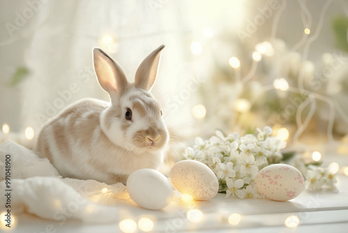 adorable rabbit on a white wooden table with spring flowers and Easter eggs, creating a cheerful and charming seasonal scene. Generative AI