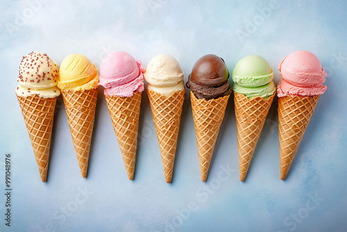 assortment of colorful ice cream cones on a light summer background, Generative AI