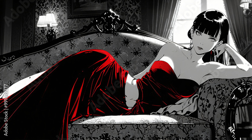 Noir Style Vampire Woman Relaxing On Sofa In Elegant Red Dress

