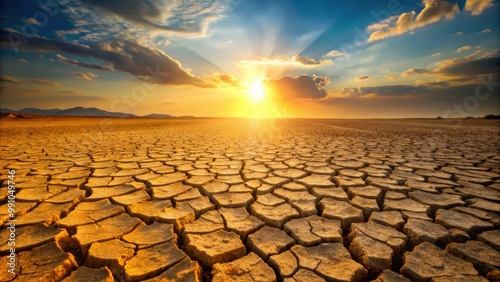 Dry, cracked earth under warm sunlight displaying the impact of drought , drought