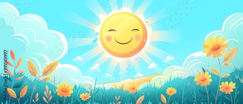Sunny day, with a bright, smiling sun, flat design illustration