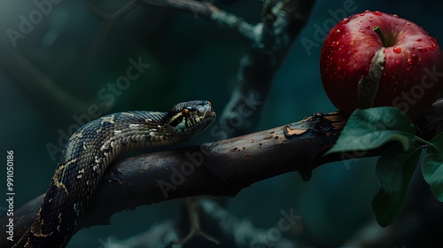 Old Testament. Creation. Genesis. The original sin, the forbidden fruit. Snake on red apple on tree branch in the dark.