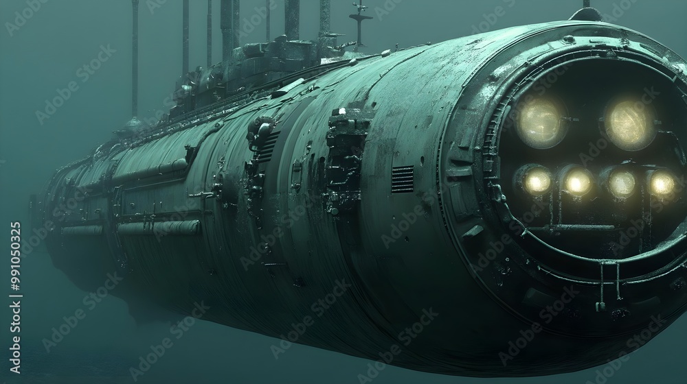 Submarine exploring deep underwater environment with glowing lights. Submarine exploring deep underwater environment with glowing lights.