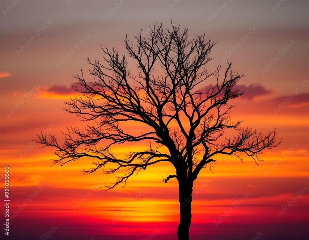 A solitary tree stands against the backdrop of a vibrant sunset, its dark silhouette contrasted by the orange, pink, and purple hues of the sky. A solitary tree stands against the backdrop of a vibrant sunset, its dark silhouette contrasted by the orange, pink, and purple hues of the sky.