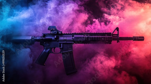 A black semi-automatic rifle with a red dot sight on top and a flash hider on the end of the barrel, set against a background of pink and blue smoke.