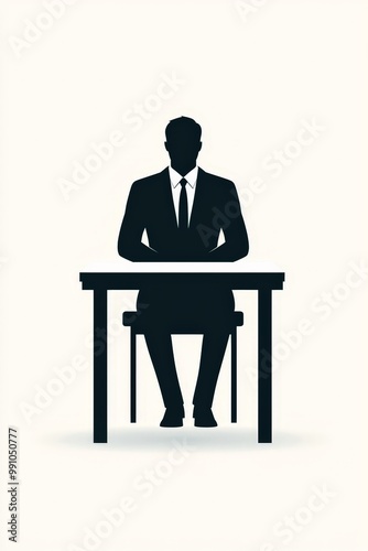 Elegant Businessman Silhouette at Desk in Monochrome Minimalist Composition - Corporate Professional Concept for Presentations and Website Design