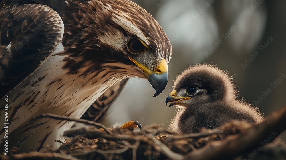 Obraz premium Fierce Falcon Feeding Its Chick in Nest