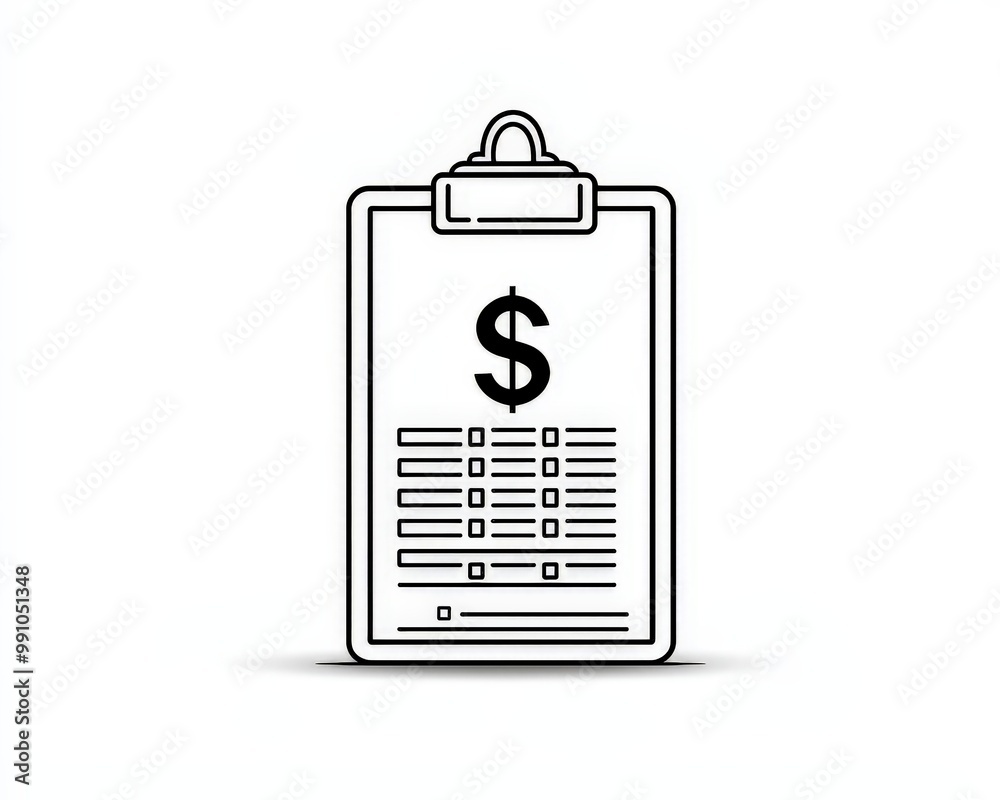 Minimalist Line Drawing of Dollar Sign Clipboard on White Background - Financial Organization Concept Minimalist Line Drawing of Dollar Sign Clipboard on White Background - Financial Organization Concept