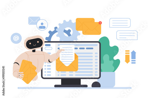 Mailbox message management automation and antispam filter with AI service. Cute robot holding envelopes with email letters to receive and send digital correspondence cartoon vector illustration