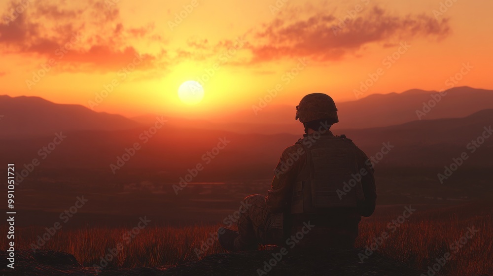 Silhouette of a soldier sitting on a hilltop, looking at a sunset over a mountain range.