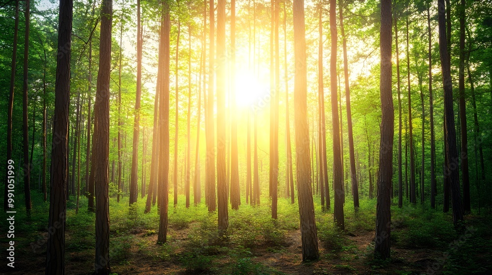 Naklejka premium Sunlight filters through tall trees in a serene forest setting.