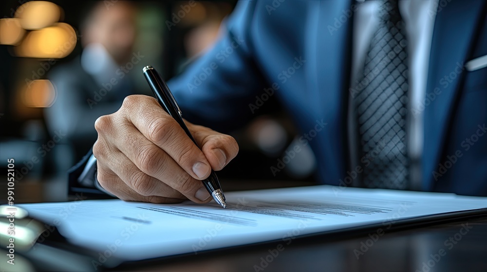 Two business-clad individuals engage at a desk, one ready to sign a document. Two business-clad individuals engage at a desk, one ready to sign a document.