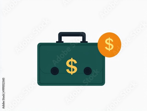 Minimalistic Green Briefcase with Dollar Sign - Cartoon Style Financial Concept on White Background