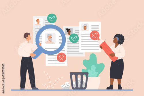 Ageism and discrimination problem of employment, unequal rights and difficulty in career for senior people. Tiny HR team employees study candidates resumes with magnifier cartoon vector illustration